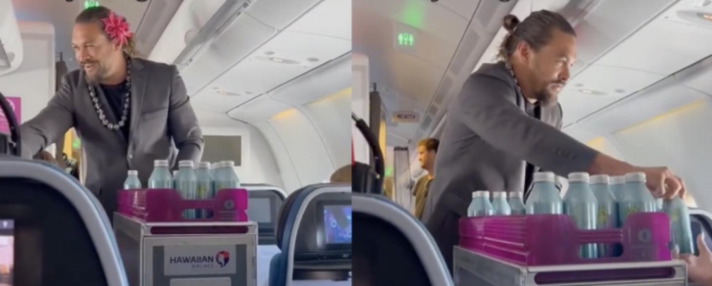 Джейсон Момоа раздавал воду в экологичных бутылках на борту самолета