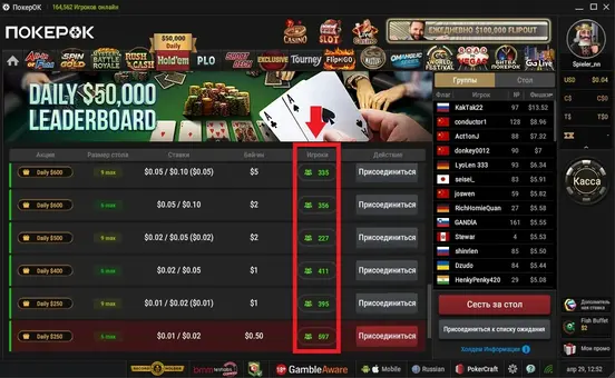 Столы техасского холдема. Красной рамкой выделено количество игроков